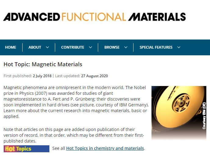 ASER Research got Listed on HOT TOPICS in Advanced Functional Materials