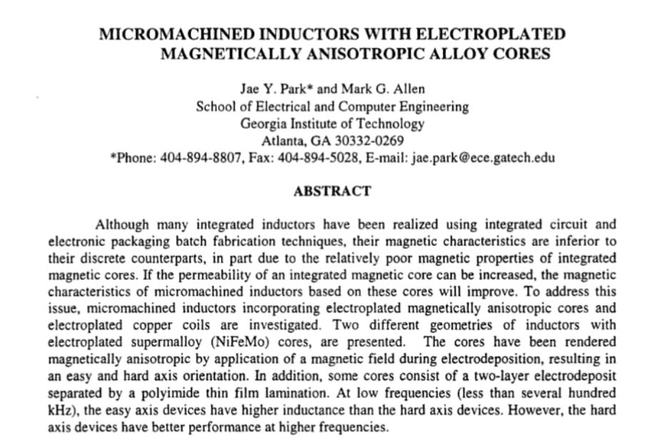 Micromachined Inductors with Electroplated Magnetically Anisotropic Alloy Cores